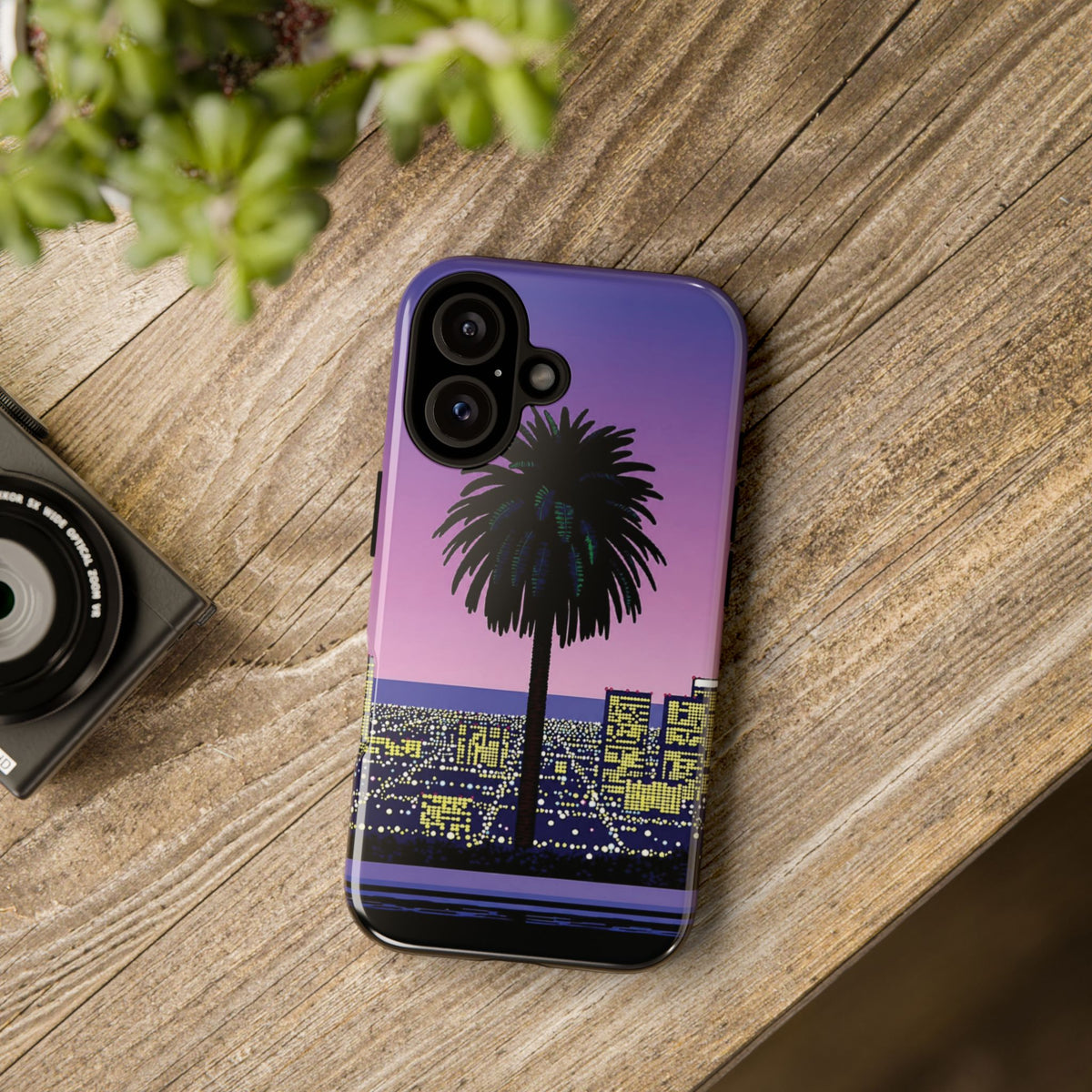Retro City Night Phone Case — Palm Tree Purple Pixel Skyline