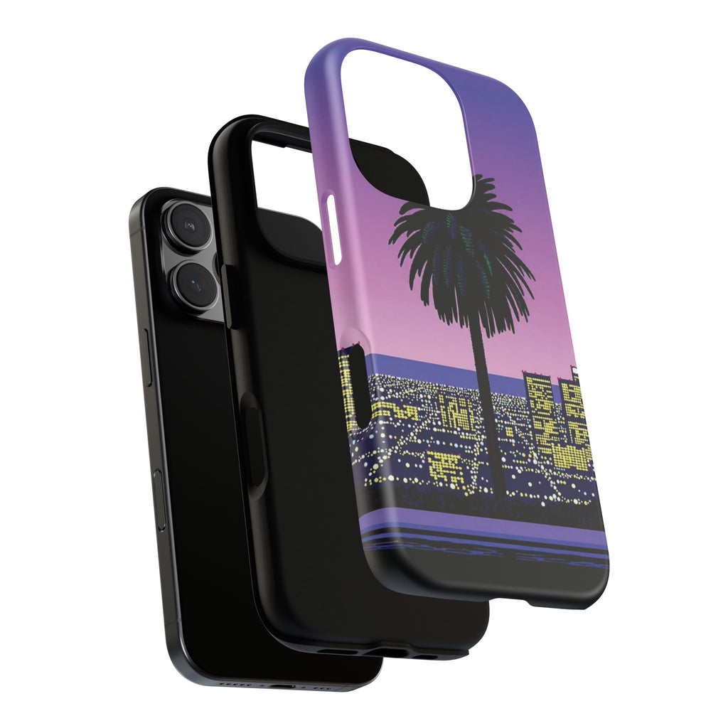 Retro City Night Phone Case — Palm Tree Purple Pixel Skyline
