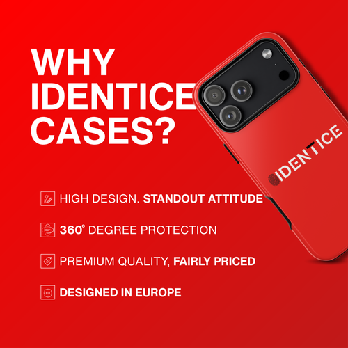 Red phone case with 'IDENTICE' branding on a red background with promotional text.