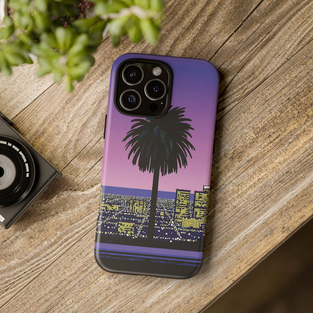 Retro City Night Phone Case — Palm Tree Purple Pixel Skyline
