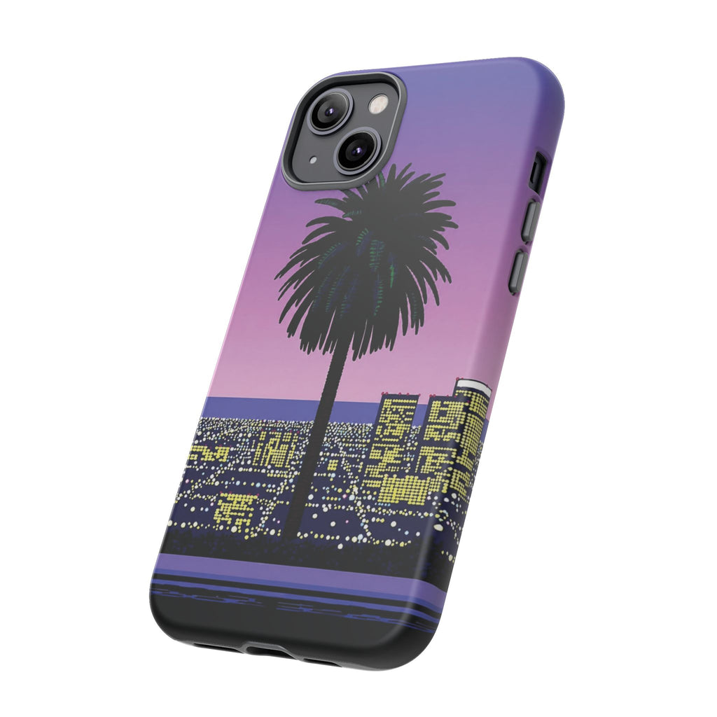 Retro City Night Phone Case — Palm Tree Purple Pixel Skyline