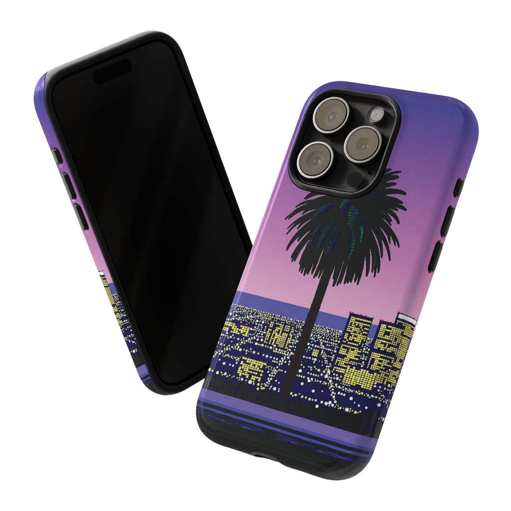 Retro City Night Phone Case — Palm Tree Purple Pixel Skyline