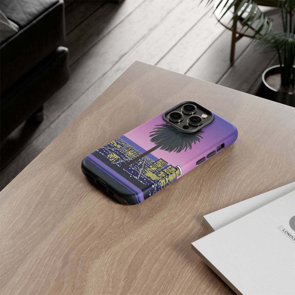 Retro City Night Phone Case — Palm Tree Purple Pixel Skyline