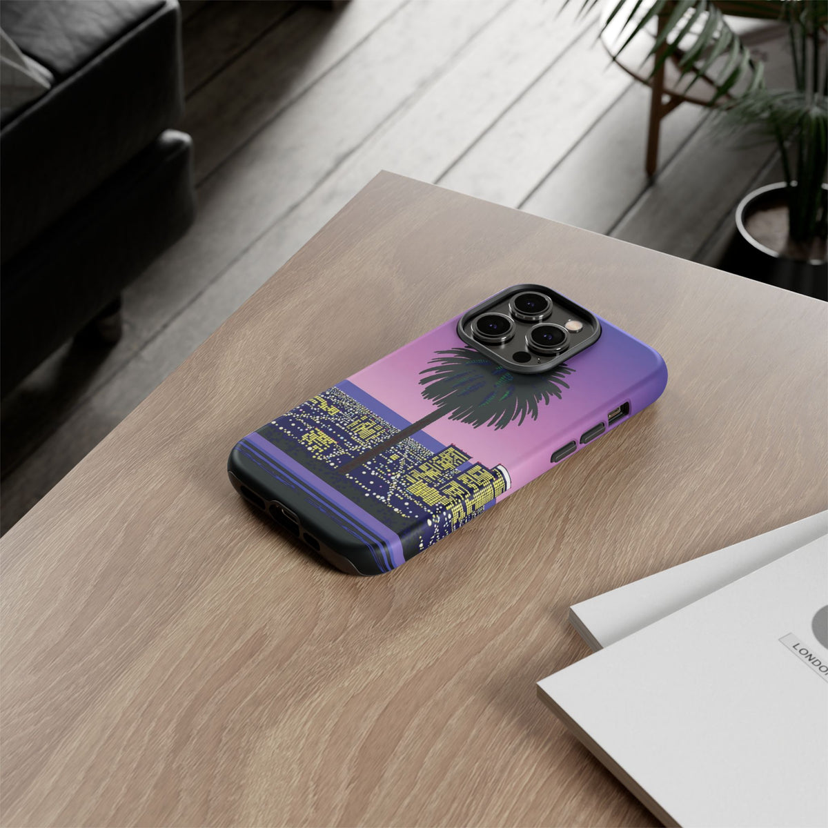 Retro City Night Phone Case — Palm Tree Purple Pixel Skyline
