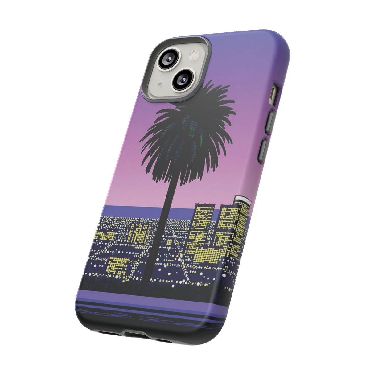 Retro City Night Phone Case — Palm Tree Purple Pixel Skyline
