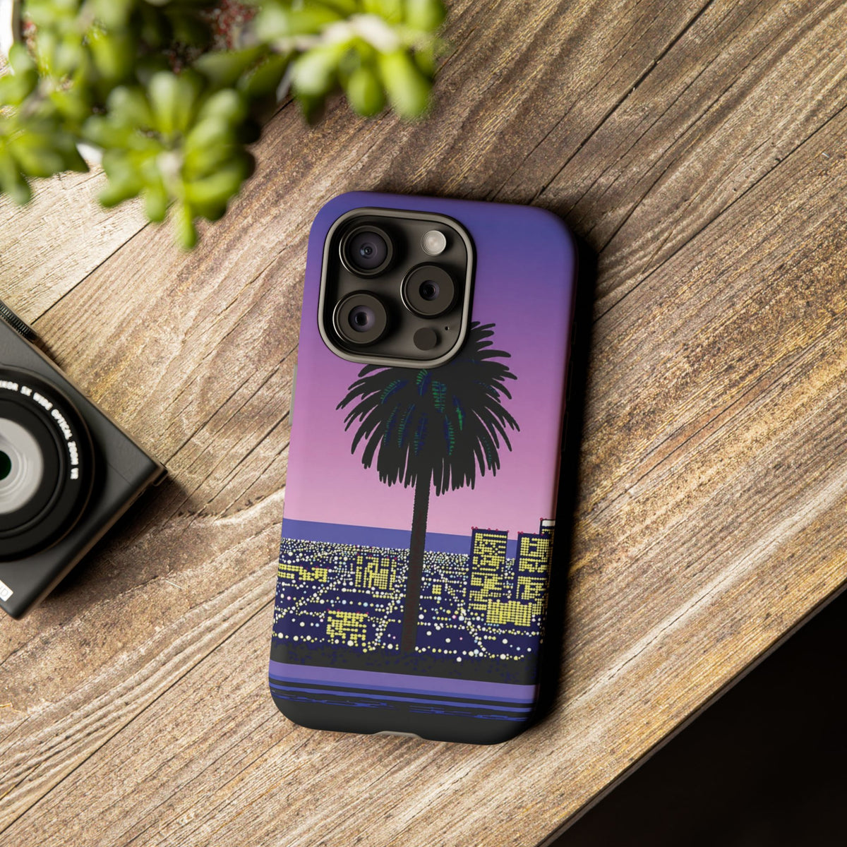 Retro City Night Phone Case — Palm Tree Purple Pixel Skyline