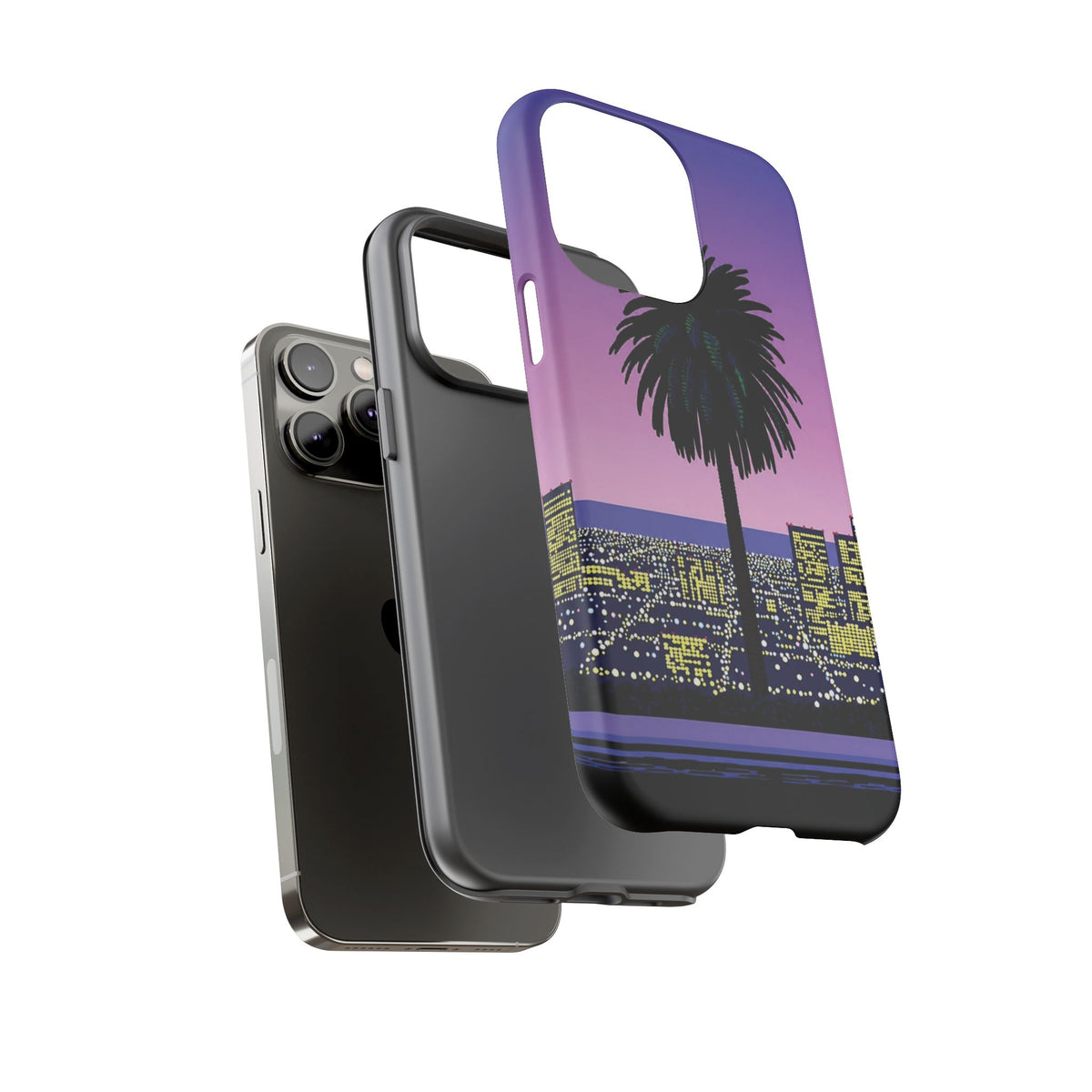 Retro City Night Phone Case — Palm Tree Purple Pixel Skyline