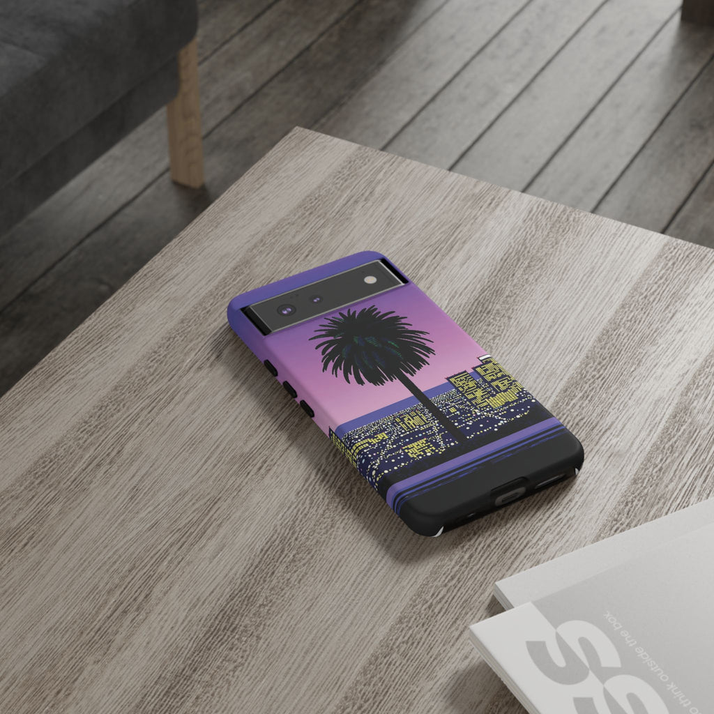 Retro City Night Phone Case — Palm Tree Purple Pixel Skyline