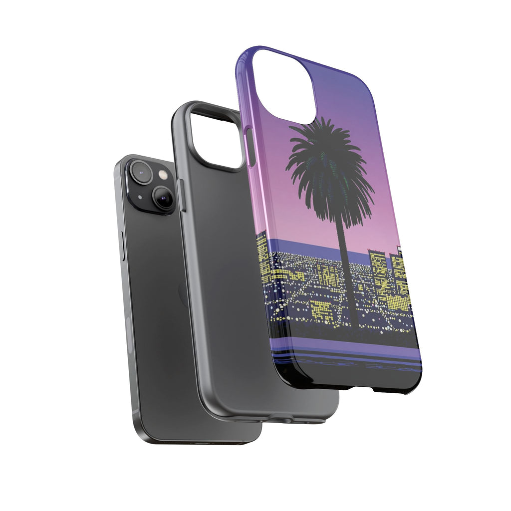 Retro City Night Phone Case — Palm Tree Purple Pixel Skyline