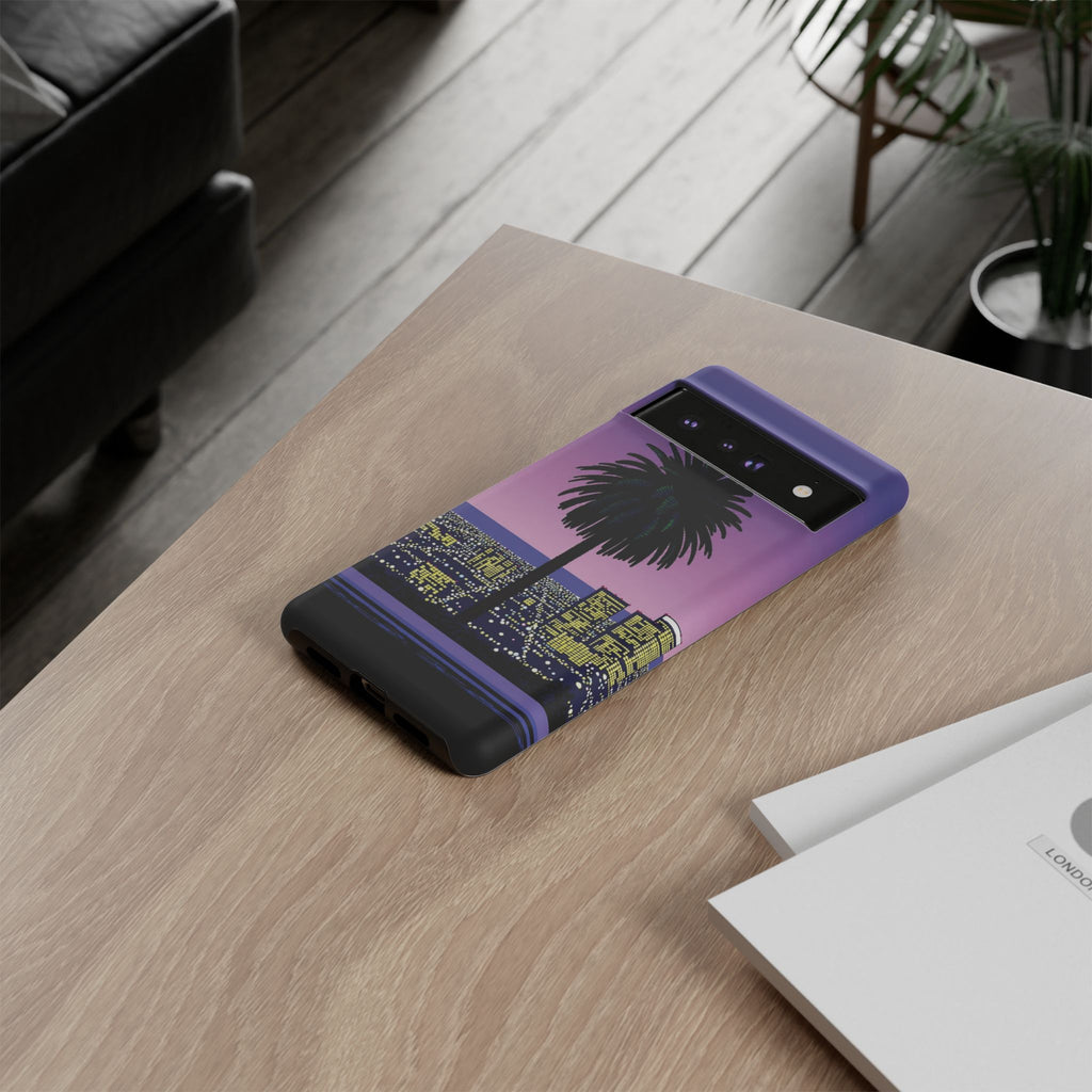 Retro City Night Phone Case — Palm Tree Purple Pixel Skyline