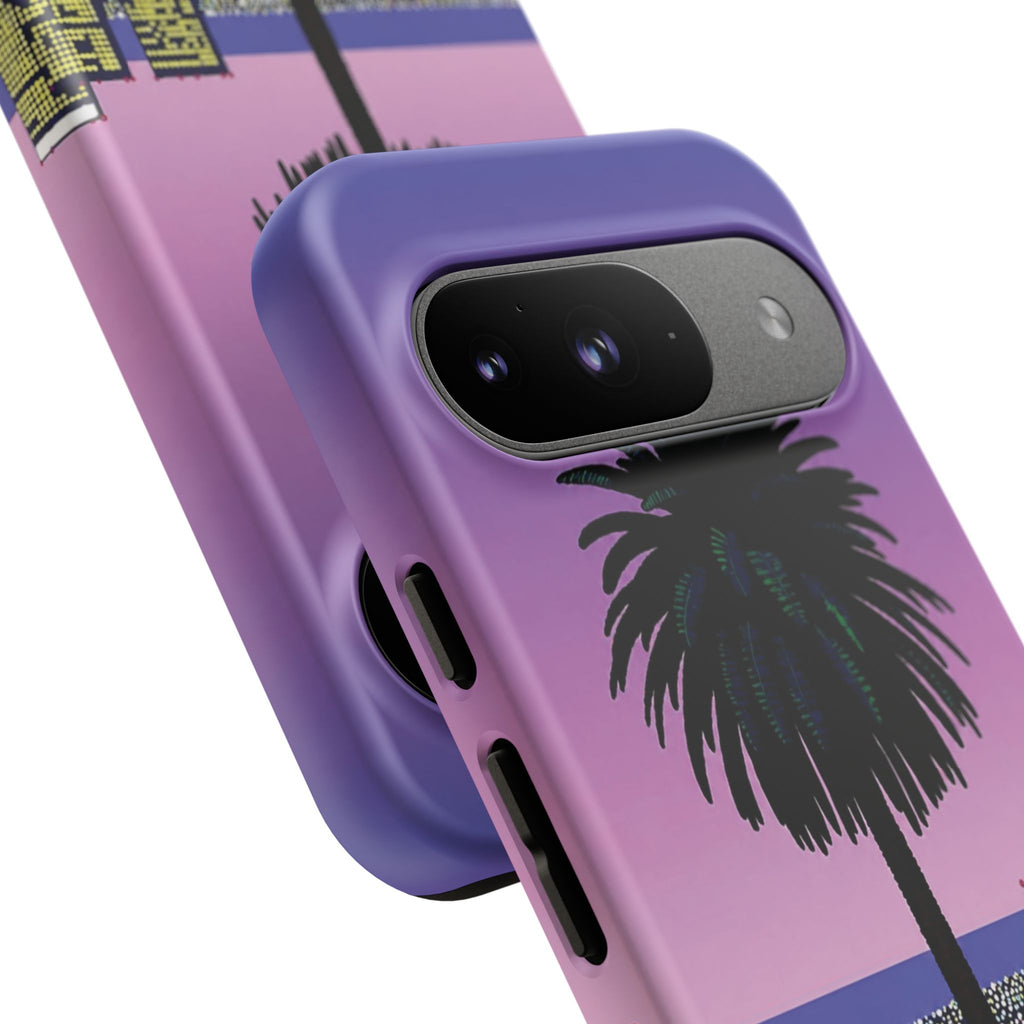 Retro City Night Phone Case — Palm Tree Purple Pixel Skyline