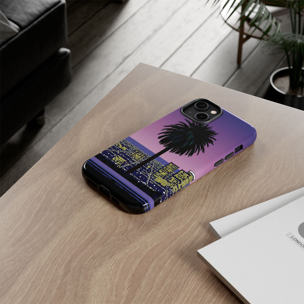 Retro City Night Phone Case — Palm Tree Purple Pixel Skyline