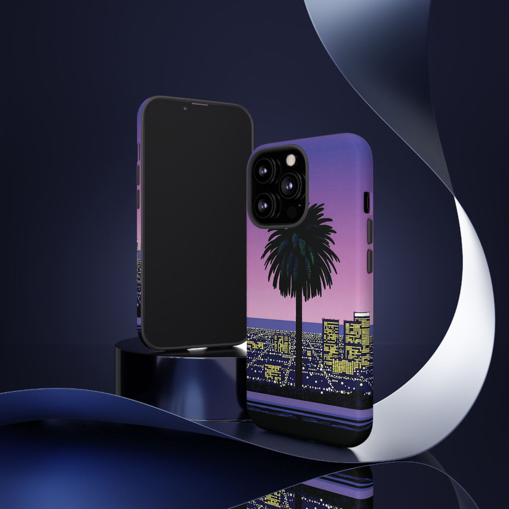 Retro City Night Phone Case — Palm Tree Purple Pixel Skyline