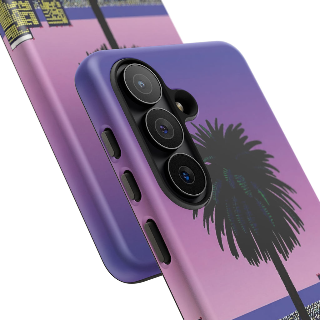 Retro City Night Phone Case — Palm Tree Purple Pixel Skyline
