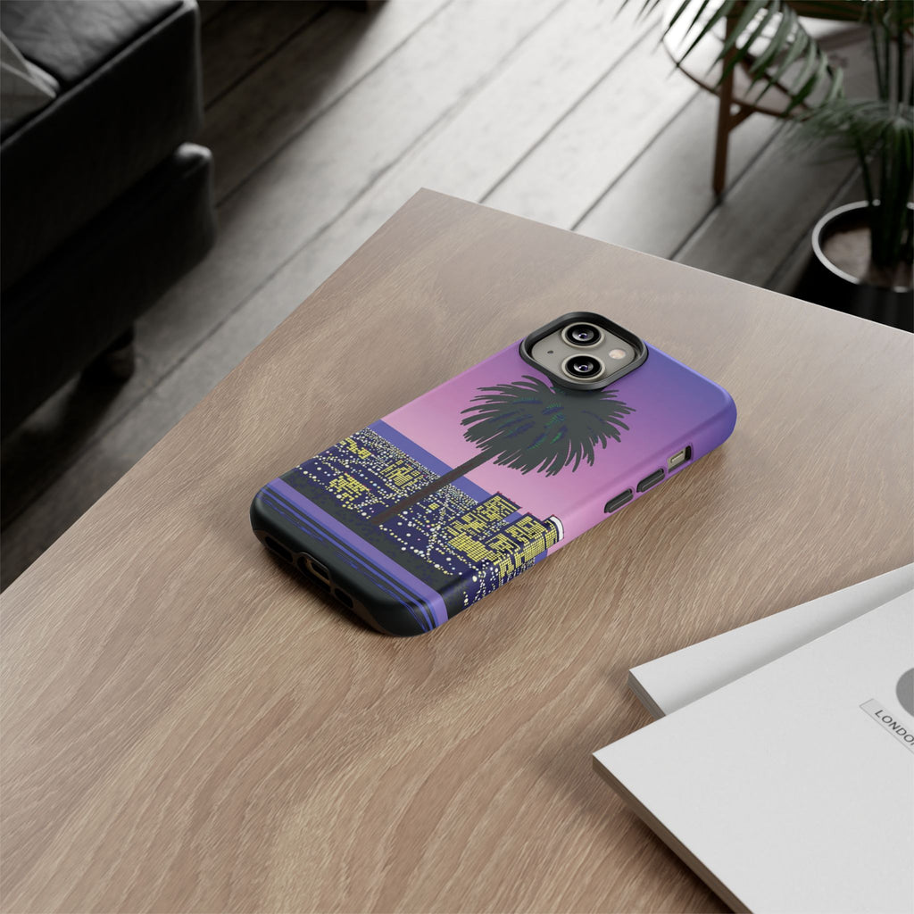Retro City Night Phone Case — Palm Tree Purple Pixel Skyline