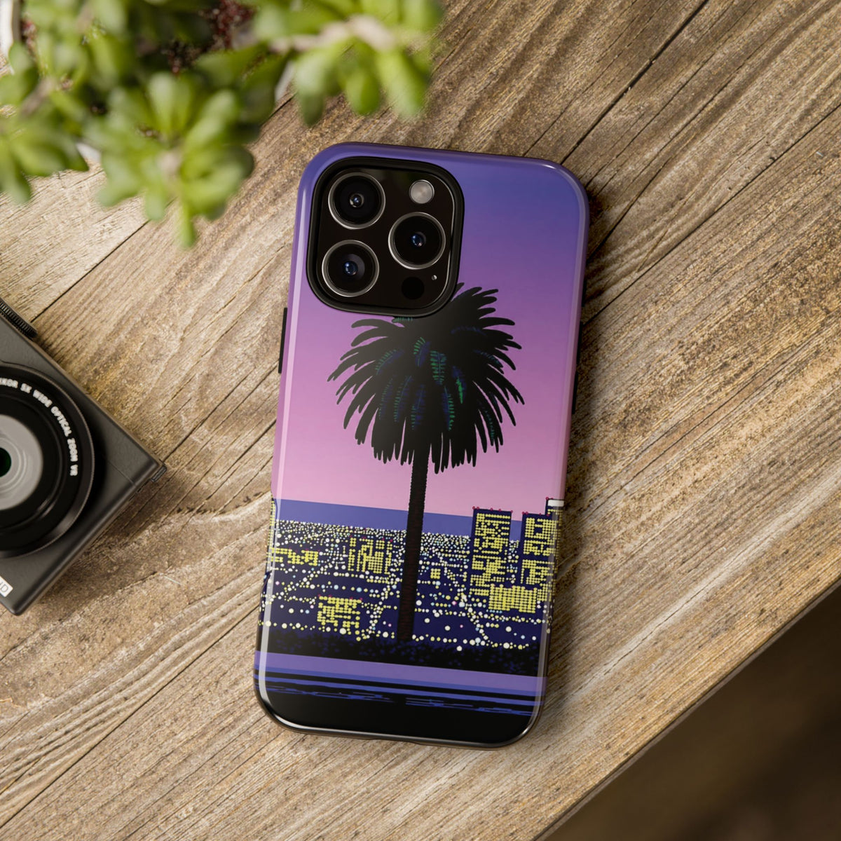 Retro City Night Phone Case — Palm Tree Purple Pixel Skyline