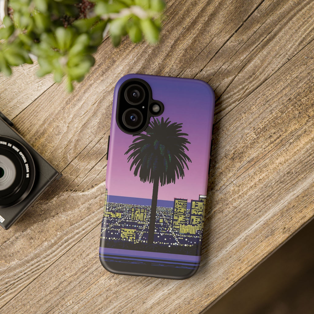 Retro City Night Phone Case — Palm Tree Purple Pixel Skyline