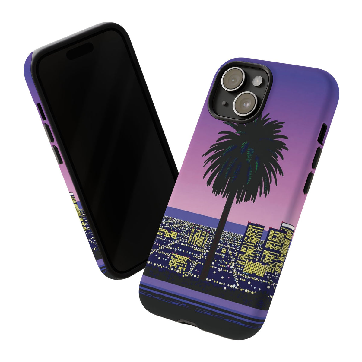 Retro City Night Phone Case — Palm Tree Purple Pixel Skyline