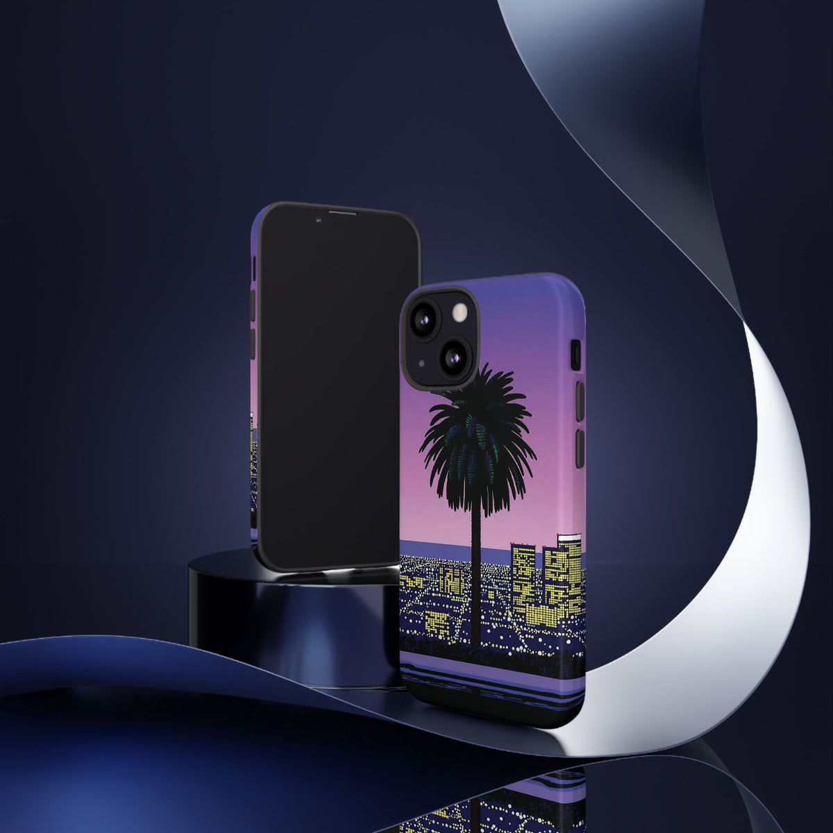 Retro City Night Phone Case — Palm Tree Purple Pixel Skyline