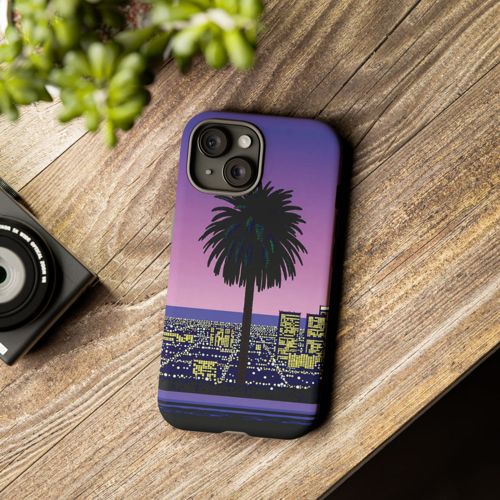 Retro City Night Phone Case — Palm Tree Purple Pixel Skyline
