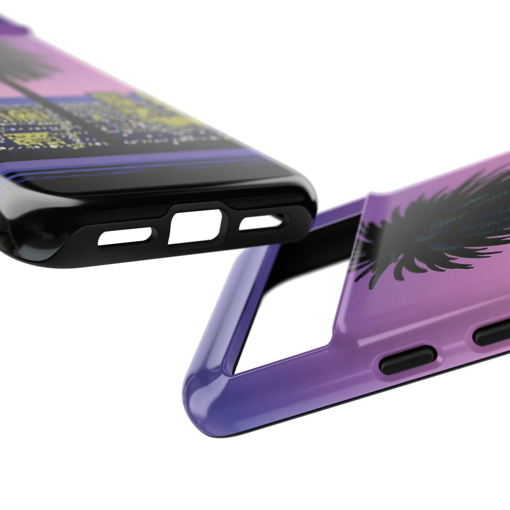 Retro City Night Phone Case — Palm Tree Purple Pixel Skyline