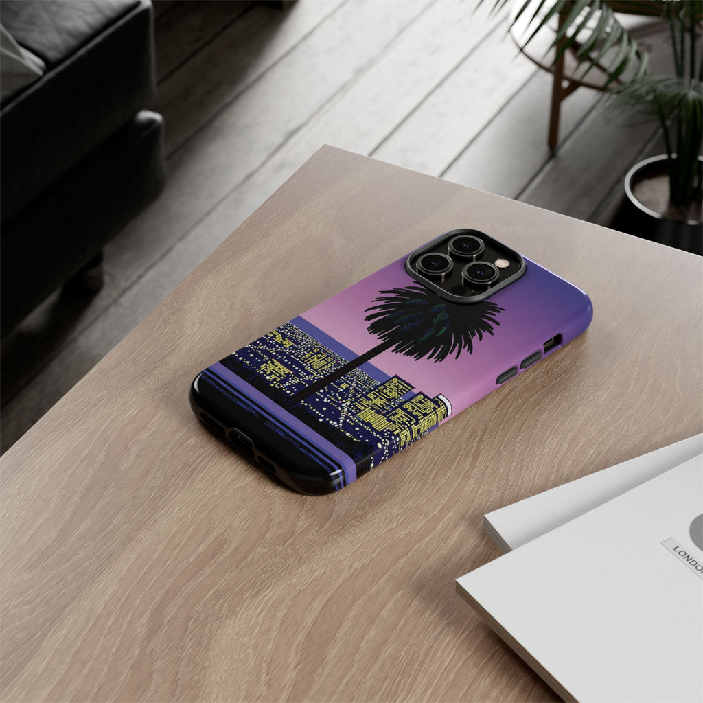 Retro City Night Phone Case — Palm Tree Purple Pixel Skyline