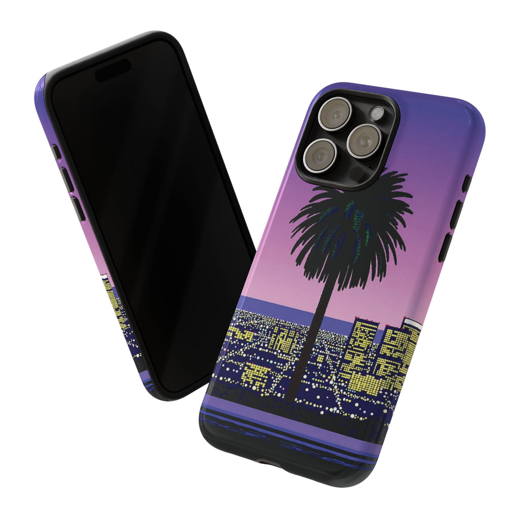 Retro City Night Phone Case — Palm Tree Purple Pixel Skyline