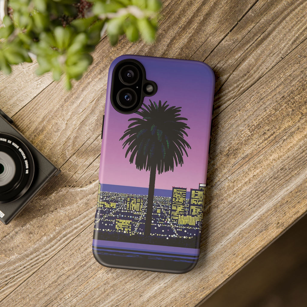 Retro City Night Phone Case — Palm Tree Purple Pixel Skyline
