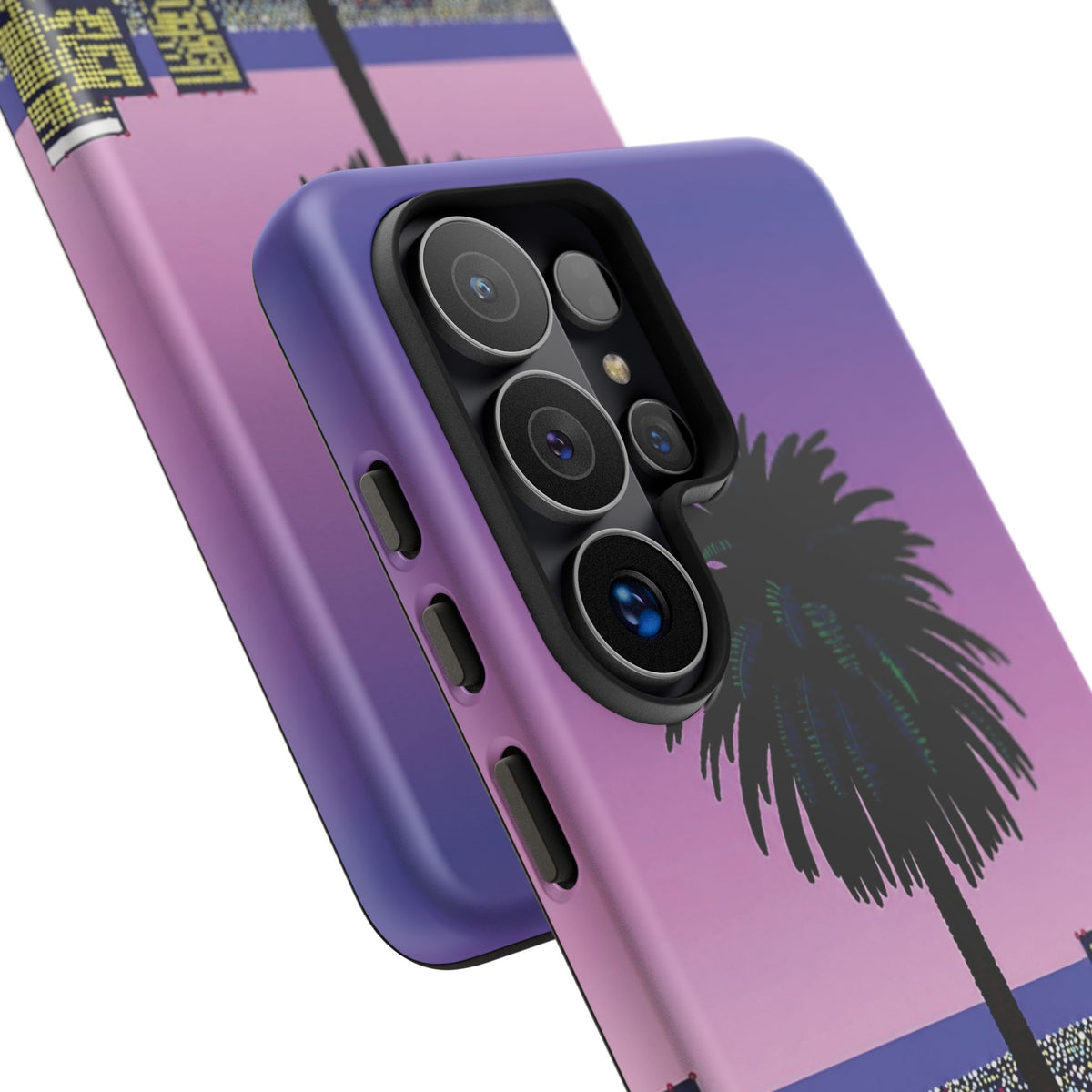 Retro City Night Phone Case — Palm Tree Purple Pixel Skyline