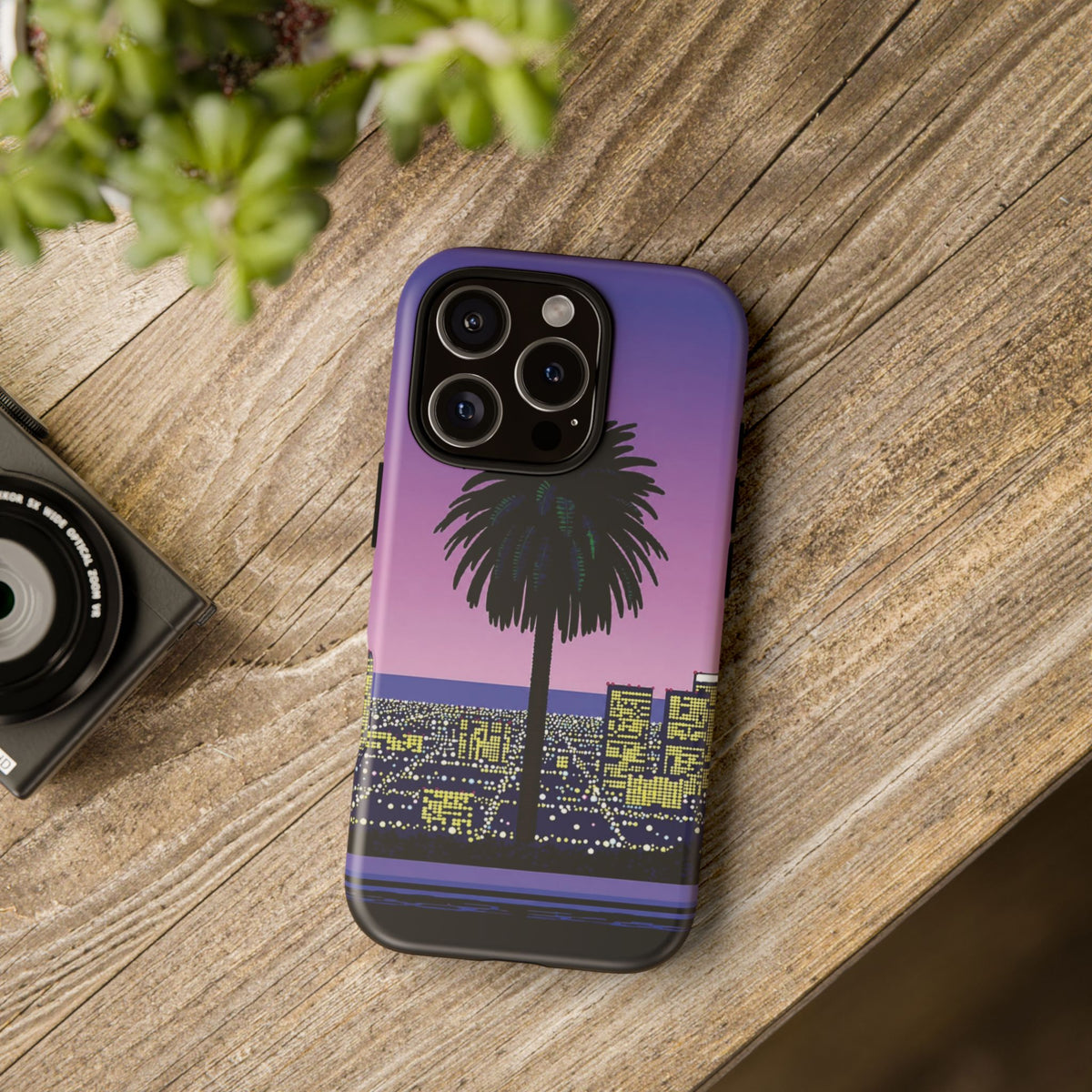Retro City Night Phone Case — Palm Tree Purple Pixel Skyline
