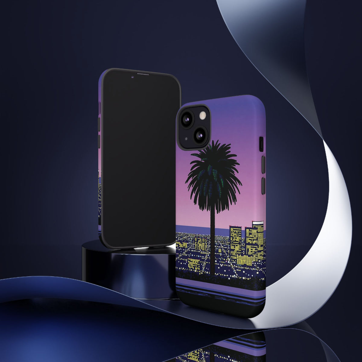 Retro City Night Phone Case — Palm Tree Purple Pixel Skyline