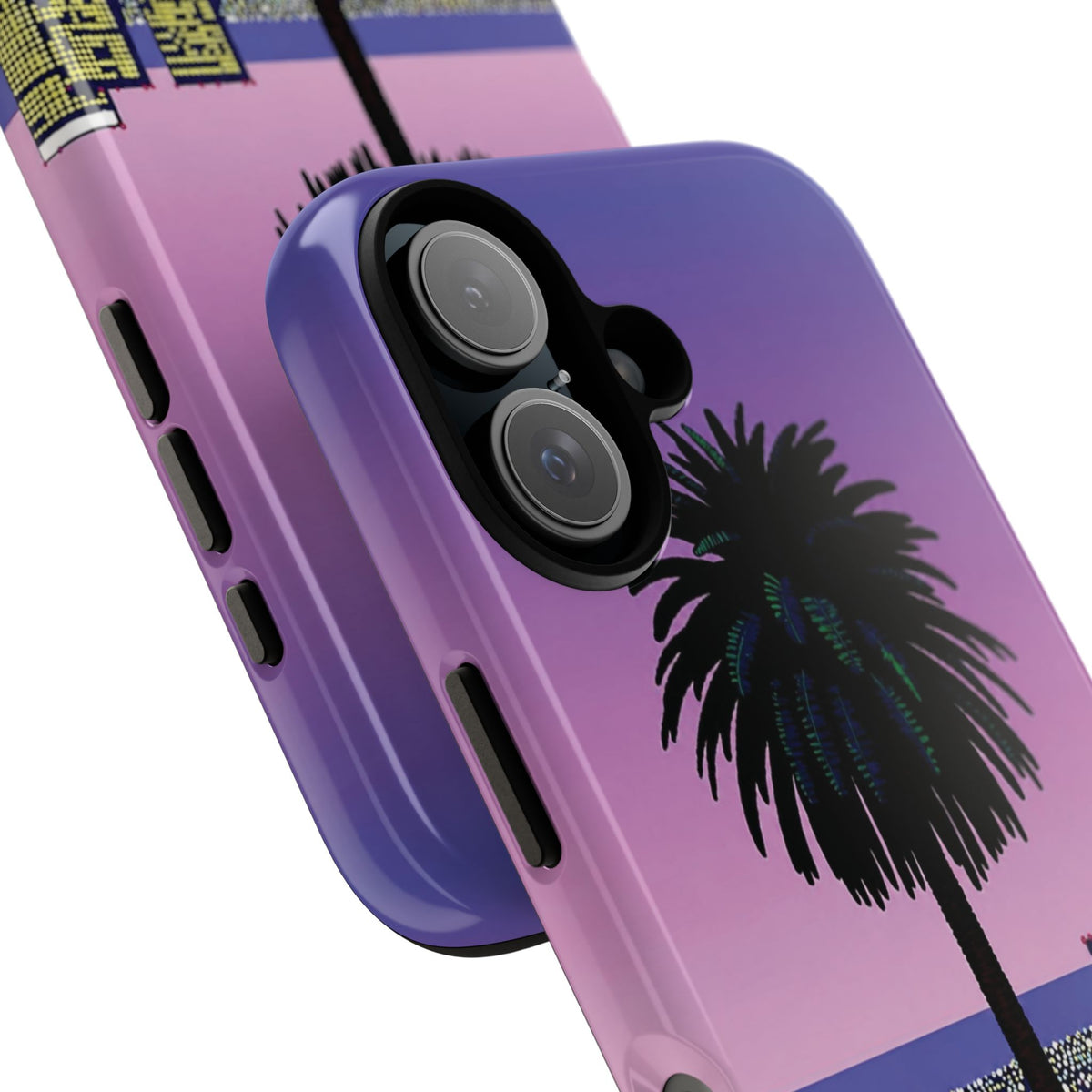 Retro City Night Phone Case — Palm Tree Purple Pixel Skyline
