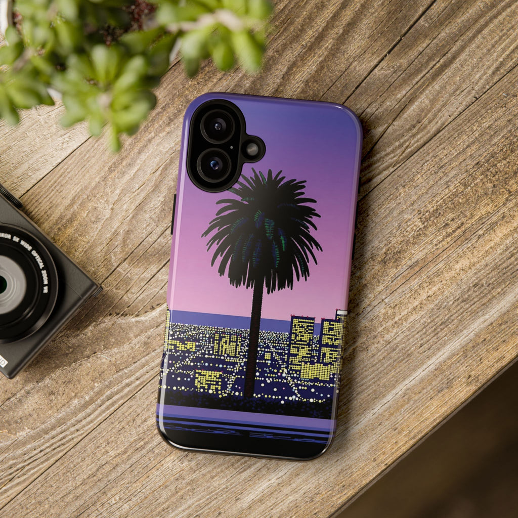 Retro City Night Phone Case — Palm Tree Purple Pixel Skyline