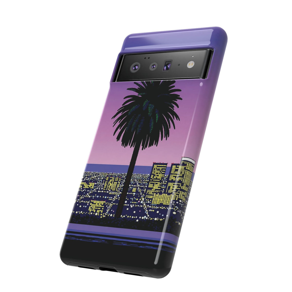 Retro City Night Phone Case — Palm Tree Purple Pixel Skyline
