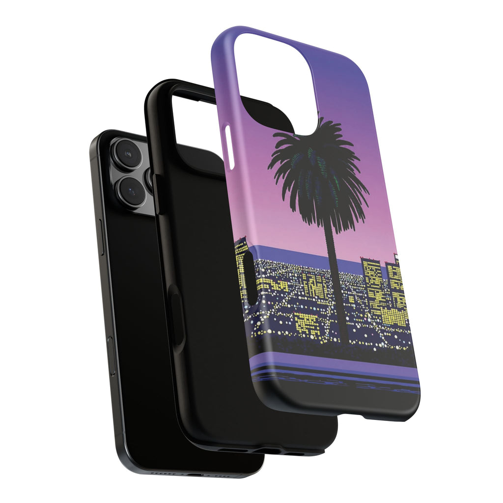 Retro City Night Phone Case — Palm Tree Purple Pixel Skyline