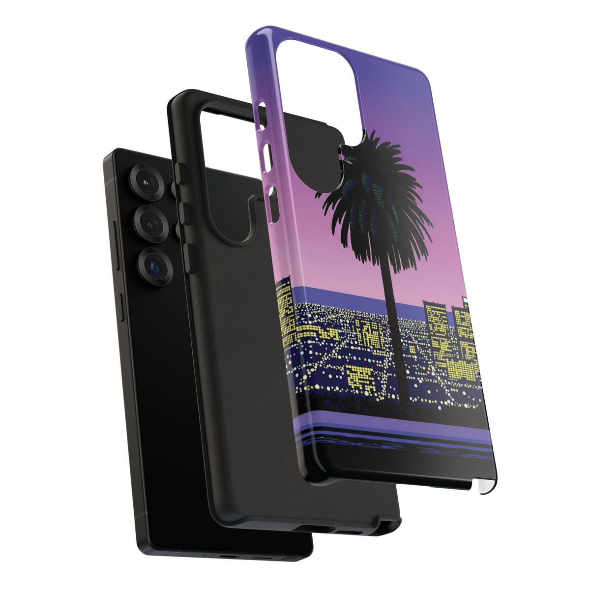 Retro City Night Phone Case — Palm Tree Purple Pixel Skyline