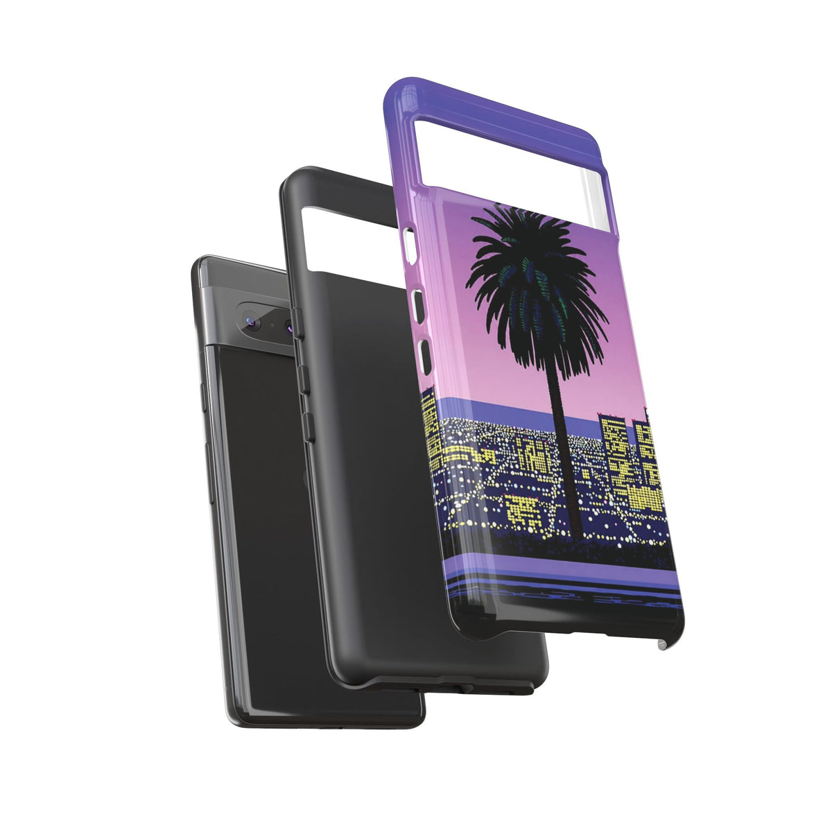 Retro City Night Phone Case — Palm Tree Purple Pixel Skyline