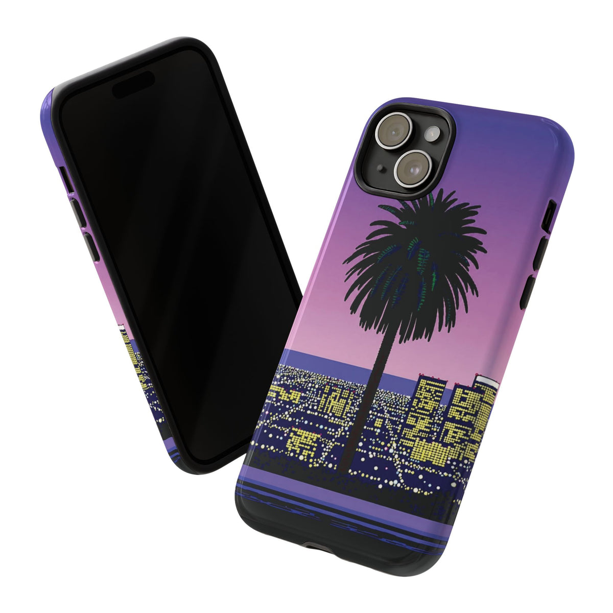 Retro City Night Phone Case — Palm Tree Purple Pixel Skyline