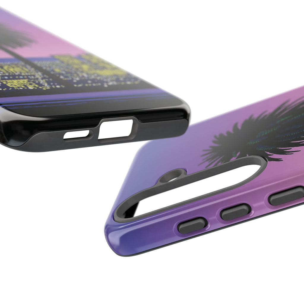 Retro City Night Phone Case — Palm Tree Purple Pixel Skyline