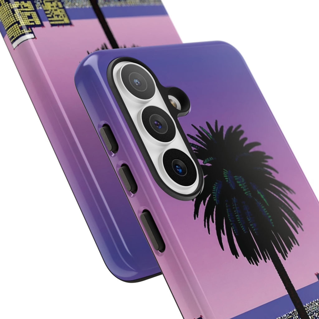 Retro City Night Phone Case — Palm Tree Purple Pixel Skyline
