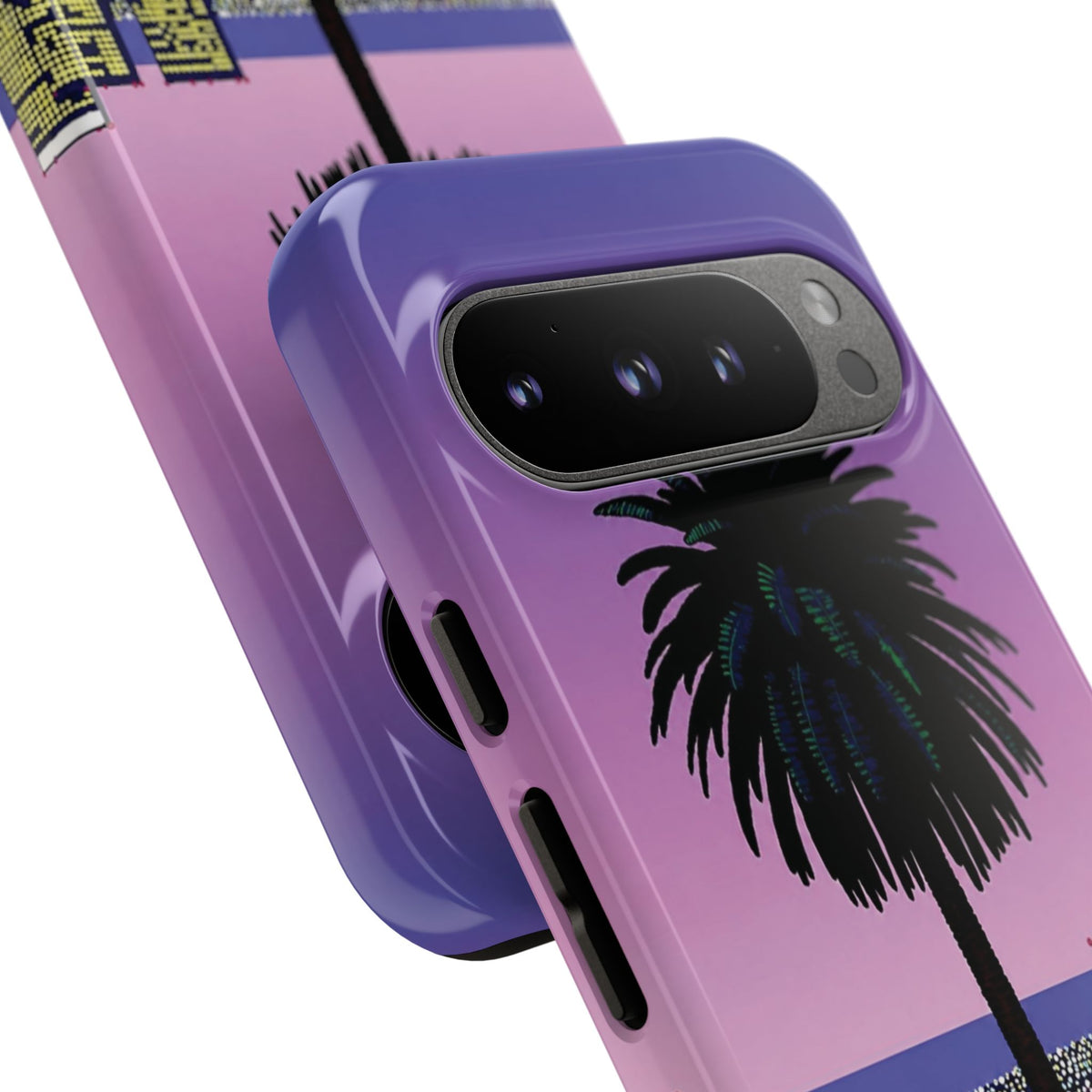 Retro City Night Phone Case — Palm Tree Purple Pixel Skyline