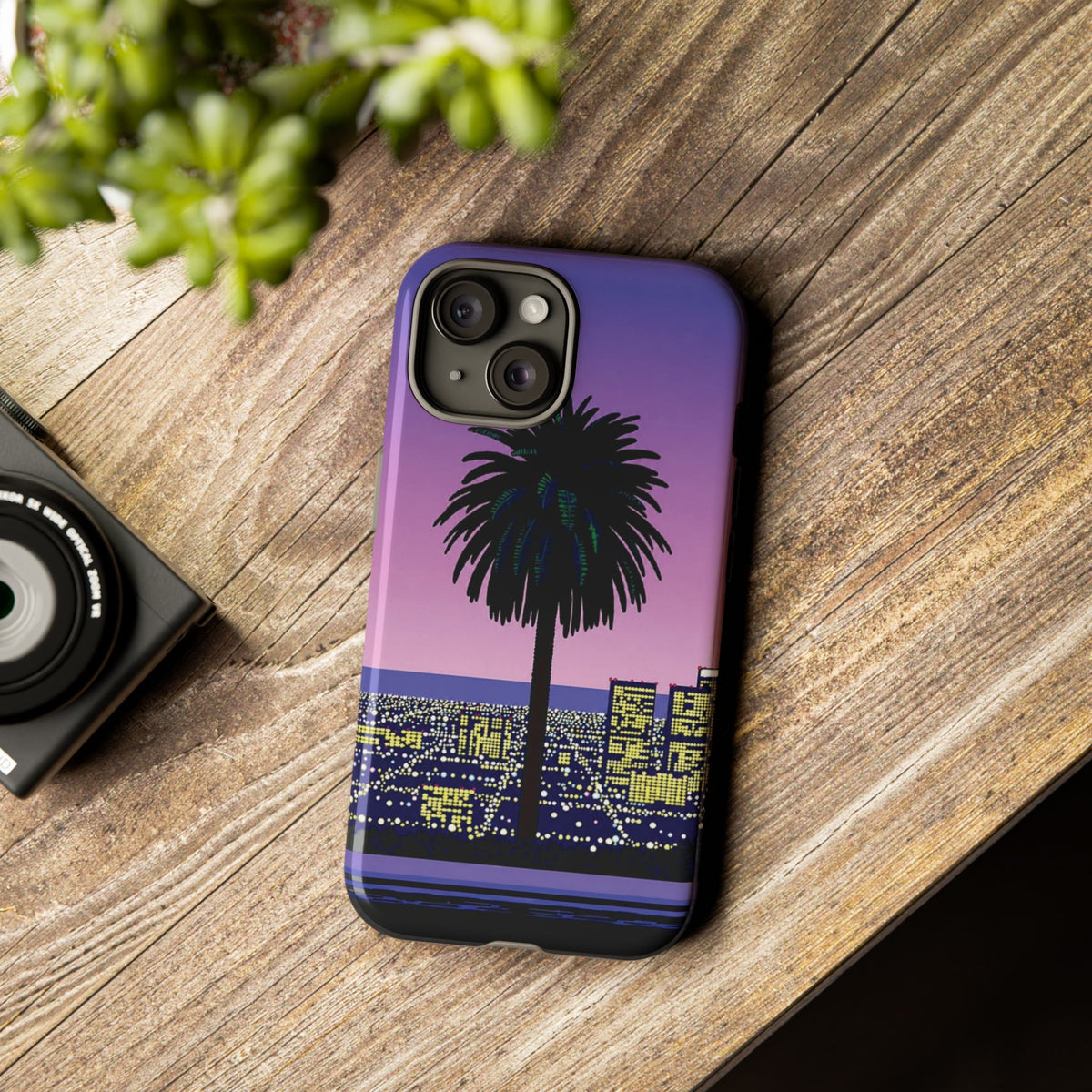 Retro City Night Phone Case — Palm Tree Purple Pixel Skyline
