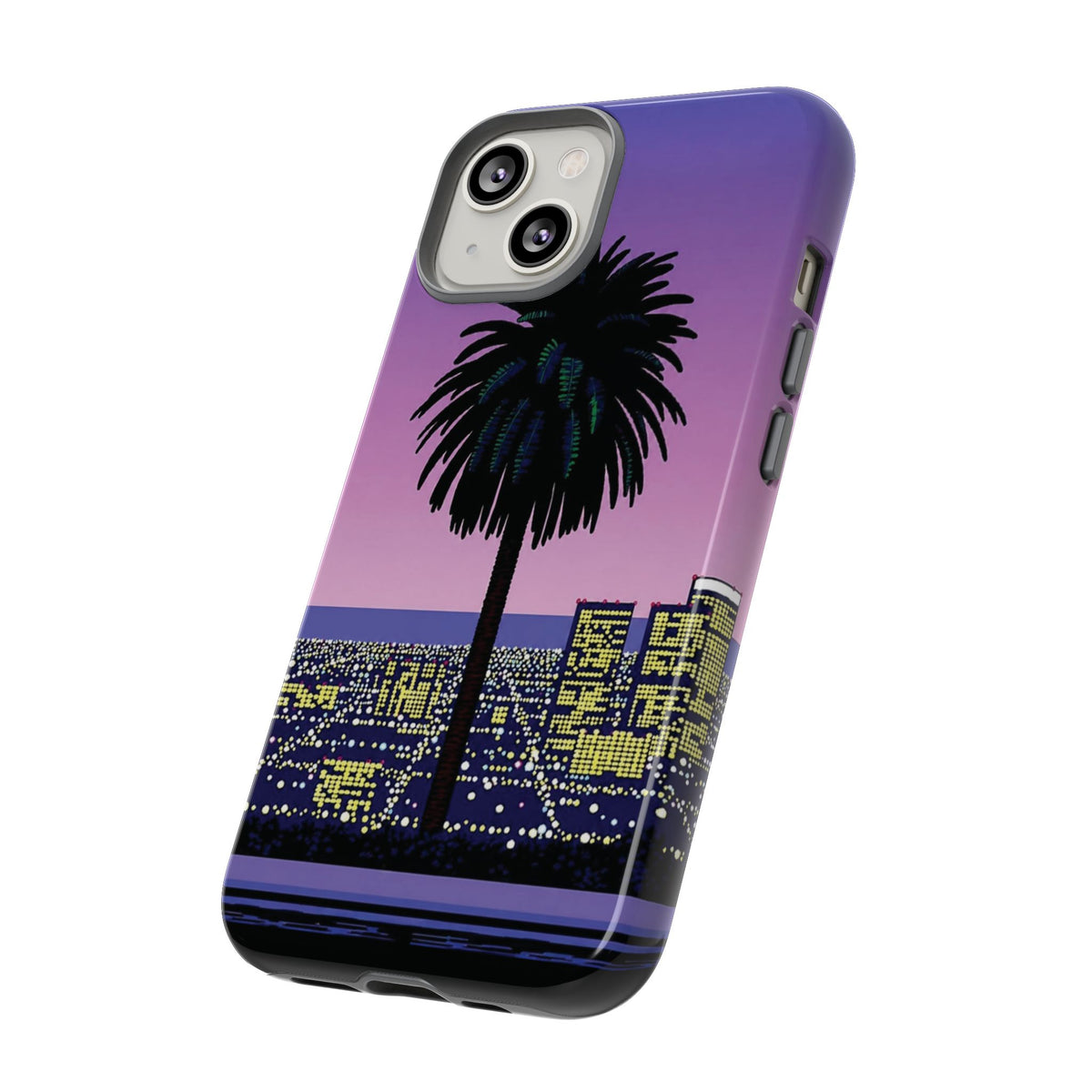 Retro City Night Phone Case — Palm Tree Purple Pixel Skyline