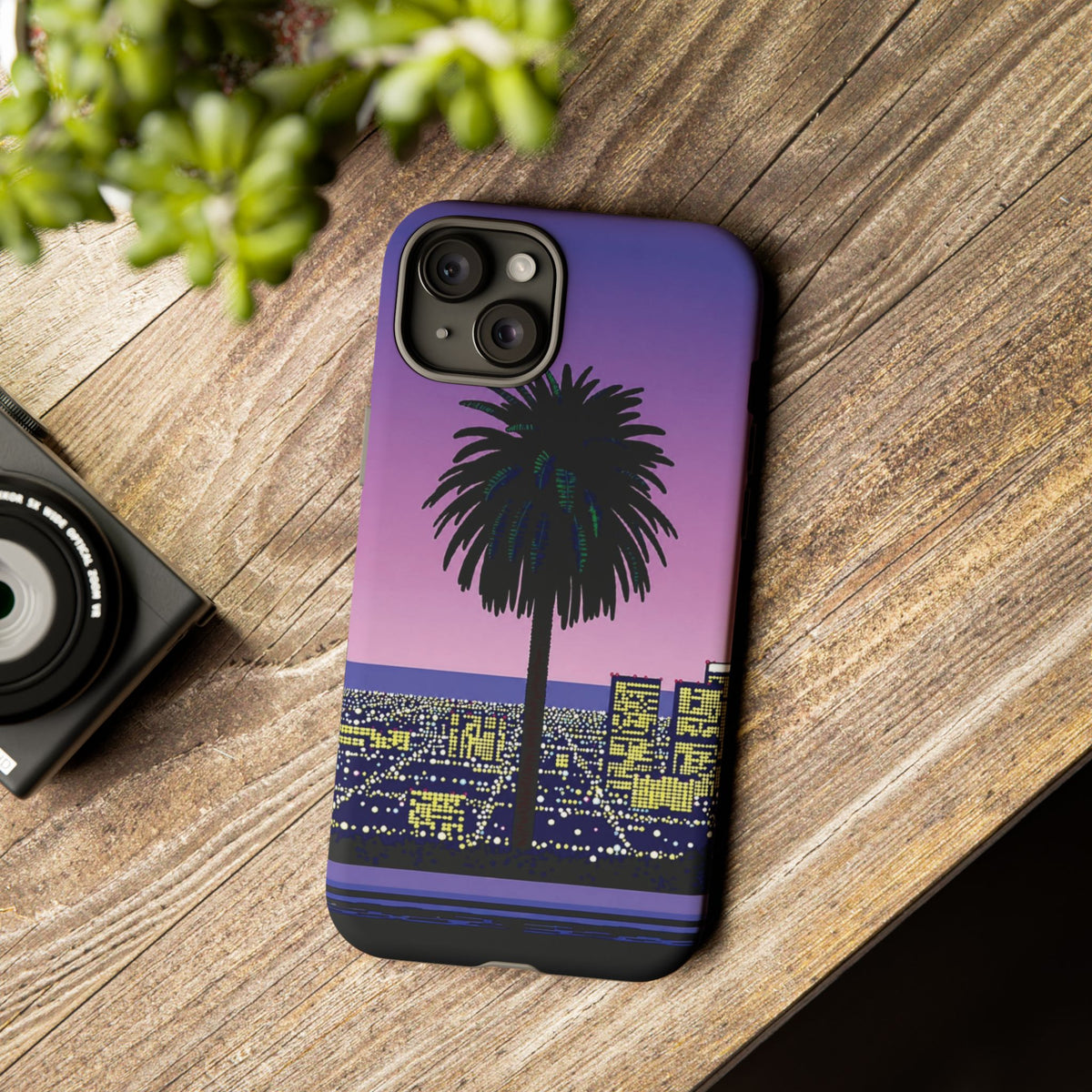 Retro City Night Phone Case — Palm Tree Purple Pixel Skyline