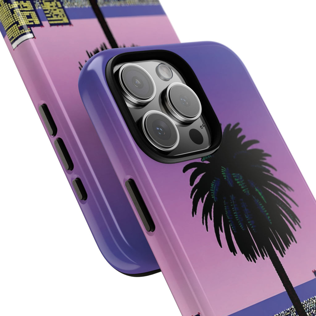 Retro City Night Phone Case — Palm Tree Purple Pixel Skyline