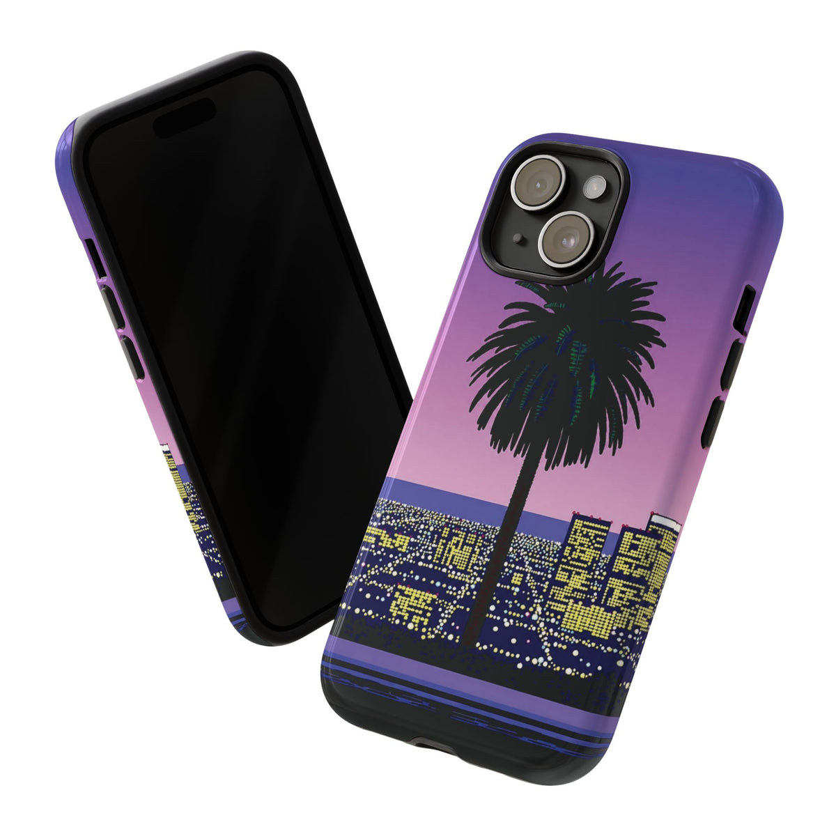 Retro City Night Phone Case — Palm Tree Purple Pixel Skyline