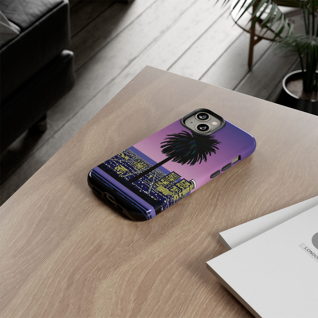 Retro City Night Phone Case — Palm Tree Purple Pixel Skyline
