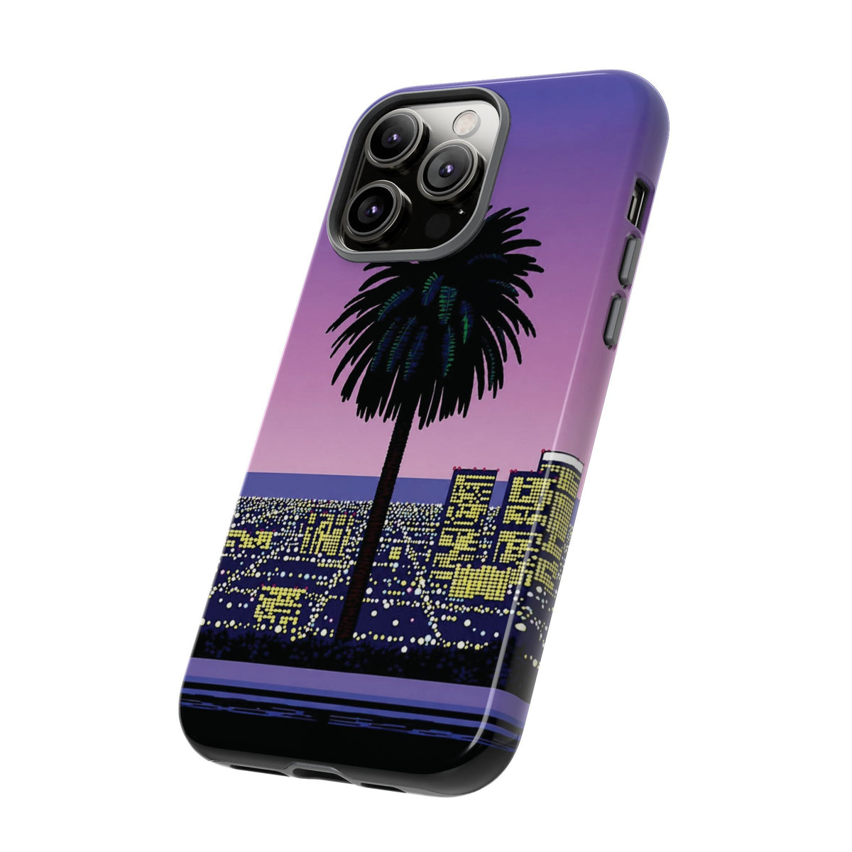 Retro City Night Phone Case — Palm Tree Purple Pixel Skyline